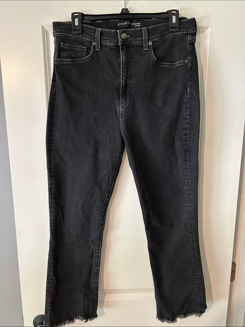 Veronica Beard Black High Rise Straight-Leg Jeans with Raw Hem
